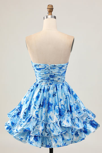 Floral Printed Blue A-Line Strapless Homecoming Dress With Ruffles